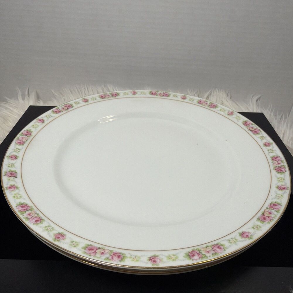 2 Antigue (c1900-1918) 9.5” Bristol Austria Dinner Plates W/ Pink Roses Gold Rim